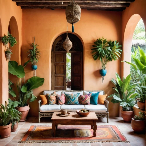 moroccan pattern,marrakesh,cabana,morocco,spanish tile,marrakech,terracotta tiles,patio,house plants,riad,patio furniture,interior decor,hacienda,sitting room,outdoor furniture,morocco lanterns,tropical house,southwestern,garden decor,porch,Illustration,American Style,American Style 12