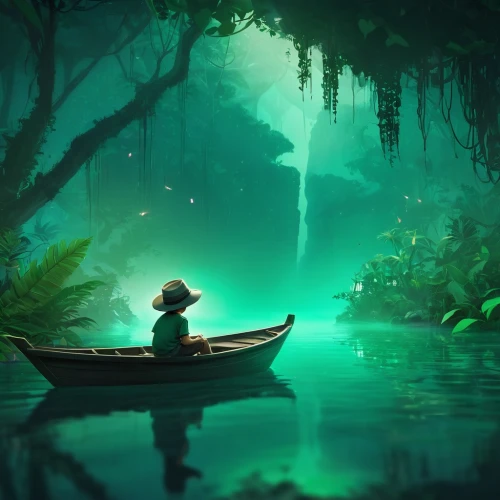 fishing float,emerald sea,canoe,canoeing,monkey island,backwaters,boat landscape,adrift,fisherman,backwater,raft,dugout canoe,voyage,world digital painting,canoes,bayou,little boat,emerald,frog background,underwater oasis,Conceptual Art,Fantasy,Fantasy 02