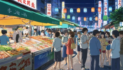 yatai,the market,market,shopping street,takoyaki,large market,street food,shinjuku,izakaya,vendors,farmer's market,fruit market,food court,street fair,asakusa,japanese umbrellas,festival,tokyo,osaka,supermarket,Illustration,Japanese style,Japanese Style 04