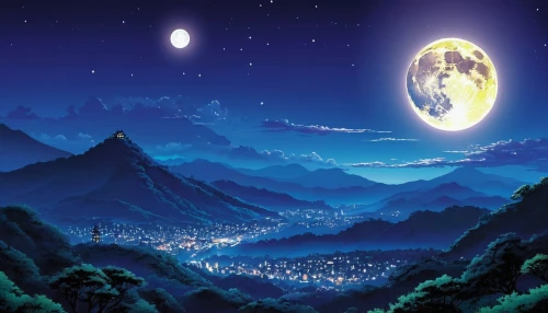 mountain world,valley of the moon,moon valley,dream world,fantasy world,lunar landscape,moon and star background,earth rise,other world,studio ghibli,mountainous landscape,phase of the moon,fantasy landscape,japan's three great night views,alien planet,new world,the earth,japanese mountains,night scene,moonlit night,Illustration,Japanese style,Japanese Style 05