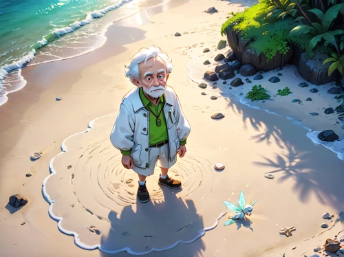 studio ghibli,exploration of the sea,world digital painting,santa claus at beach,the beach pearl,game illustration,man at the sea,cg artwork,monkey island,castaway beach,sci fiction illustration,stranded,grandpa,emerald sea,fisherman,sea-shore,on the shore,dream beach,version john the fisherman,elderly man,Anime,Anime,Cartoon