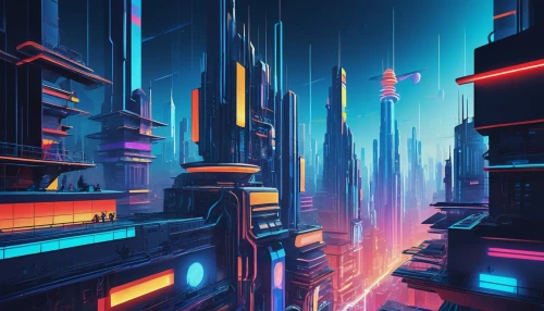 cityscape,futuristic landscape,metropolis,cyberpunk,colorful city,fantasy city,futuristic,city blocks,abstract retro,80's design,scifi,sci fiction illustration,city at night,sci-fi,sci - fi,city lights,cities,city,cyberspace,retro background,Art,Artistic Painting,Artistic Painting 43