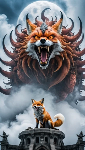 nine-tailed,firefox,mozilla,lion - feline,photoshop manipulation,fractalius,photo manipulation,to roar,griffon bruxellois,photomanipulation,predation,lion capital,royal tiger,image manipulation,fantasy picture,fox stacked animals,defense,roar,catastrophe,roaring,Photography,General,Realistic