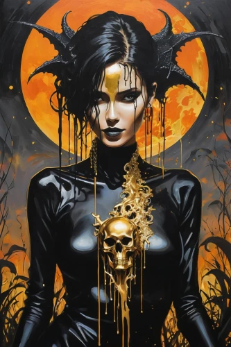 halloween poster,gothic portrait,goth woman,gold foil art,the enchantress,gothic woman,evil woman,dark art,transistor,sorceress,dark angel,underworld,katniss,gothic,black and gold,catwoman,huntress,deadly nightshade,goth subculture,goth,Conceptual Art,Graffiti Art,Graffiti Art 08