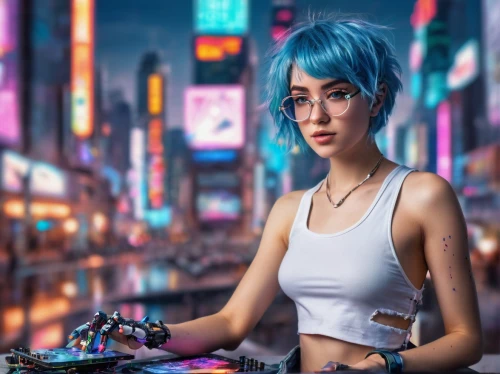 cyberpunk,dj,anime girl,midi,anime 3d,sega,electronic music,city trans,music background,retro girl,tokyo city,aqua,colorful city,digiart,mix,girl at the computer,world digital painting,electronic,disk jockey,harajuku,Unique,3D,Panoramic