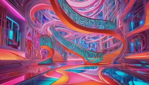 panoramical,psychedelic art,trip computer,futuristic landscape,ufo interior,dimensional,cyberspace,vertigo,vortex,dimension,fractal environment,wormhole,neon ghosts,psychedelic,computer art,colorful spiral,futuristic art museum,passage,digiart,abstract artwork,Illustration,Retro,Retro 08