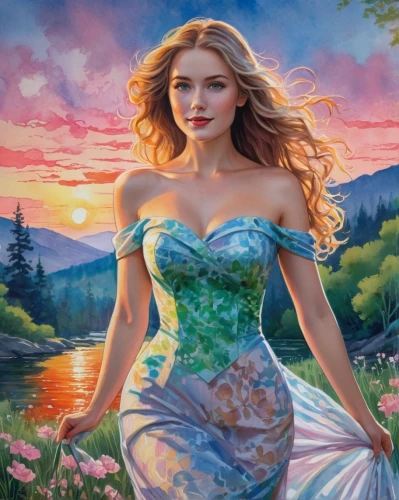 celtic woman,fantasy picture,landscape background,girl on the river,fantasy art,celtic queen,the blonde in the river,fairy tale character,fantasy woman,springtime background,romantic portrait,art painting,world digital painting,fantasy portrait,portrait background,mermaid background,spring background,cinderella,romantic look,colorful background,Conceptual Art,Daily,Daily 31