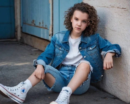 eleven,denim,girl in overalls,denim jacket,young model,blue shoes,girl sitting,gap kids,jean jacket,denim skirt,jeans background,denim background,child model,denim jeans,children's photo shoot,portrait photography,curb,young model istanbul,relaxed young girl,sitting,Illustration,Abstract Fantasy,Abstract Fantasy 06