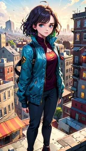 wonder woman city,my hero academia,superhero background,city ​​portrait,cg artwork,jacket,city trans,female doctor,portrait background,game illustration,rosa ' amber cover,girl with speech bubble,super heroine,nico,mc,main character,above the city,samara,background images,sci fiction illustration,Anime,Anime,General