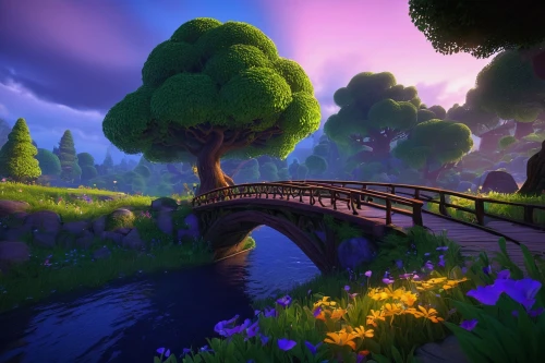 viola bridge,purple landscape,the mystical path,scenic bridge,fantasy landscape,wooden bridge,druid grove,pathway,forest path,tree top path,fairy forest,hangman's bridge,fairy world,wooden path,dragon bridge,fairytale forest,elven forest,cartoon video game background,devilwood,angel bridge,Art,Artistic Painting,Artistic Painting 32