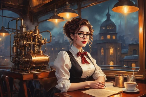 barista,librarian,woman at cafe,woman drinking coffee,steampunk,parisian coffee,waitress,paris cafe,barmaid,café,watchmaker,clockmaker,coffee background,coffee shop,the coffee shop,bartender,girl in the kitchen,cafe,cappuccino,coffee tea illustration,Conceptual Art,Fantasy,Fantasy 25