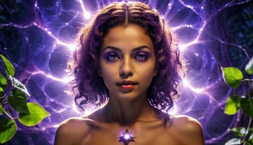 crown chakra,divine healing energy,ipê-purple,la violetta,zodiac sign libra,heart chakra,libra,the enchantress,purple,earth chakra,fantasy woman,yogananda,sorceress,crown chakra flower,digital compositing,purple background,violet head elf,ultraviolet,mystical portrait of a girl,image manipulation