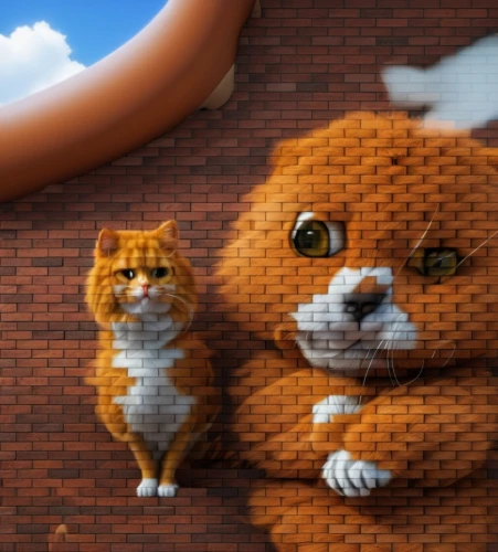 cats on brick wall,dog and cat,cartoon cat,red tabby,rescue alley,ginger cat,dog illustration,foxes,dog cat,digital compositing,dog - cat friendship,anthropomorphized animals,firefox,brick background,red cat,fox stacked animals,marmalade,children's background,cat vector,whimsical animals,Photography,General,Realistic