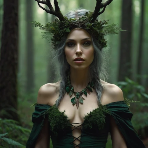 dryad,faerie,faery,faun,the enchantress,elven forest,elven,fae,forest animal,laurel wreath,wood elf,fawns,druid,fairy queen,headpiece,headdress,celtic queen,antler,deer antlers,fawn,Conceptual Art,Fantasy,Fantasy 11