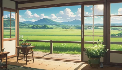 studio ghibli,ricefield,home landscape,meadow landscape,yamada's rice fields,japanese-style room,window view,scenery,summer meadow,window seat,classroom,landscape background,summer day,window to the world,violet evergarden,bedroom window,japan landscape,countryside,window covering,wooden windows,Photography,General,Realistic