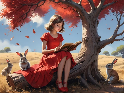 little red riding hood,red riding hood,hares,fantasy picture,rabbits and hares,girl with tree,girl in red dress,man in red dress,the girl next to the tree,alice in wonderland,female hares,little girl reading,fairy tale character,fantasy art,children's fairy tale,fairy tales,fairy tale,fox and hare,red shoes,fantasy portrait,Conceptual Art,Fantasy,Fantasy 03