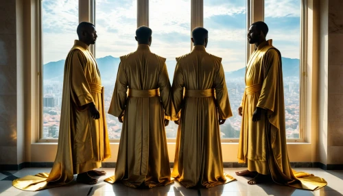 orange robes,mannequin silhouettes,mannequins,clergy,monks,yellow jumpsuit,yellow-gold,display window,perfume bottle silhouette,shop-window,display dummy,golden weddings,high-visibility clothing,gold wall,three wise men,mirrors,gold lacquer,the three wise men,store window,suit of spades