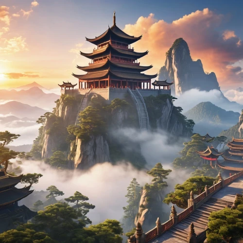 chinese temple,chinese architecture,tigers nest,chinese background,asian architecture,huangshan mountains,yunnan,fantasy landscape,huangshan maofeng,chinese clouds,hall of supreme harmony,landscape background,mountainous landscape,guilin,chinese art,forbidden palace,mountain landscape,huashan,china,oriental