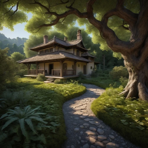 house in the forest,ginkaku-ji,tree house,golden pavilion,home landscape,ancient house,wooden house,hobbiton,the golden pavilion,studio ghibli,japanese garden,little house,treehouse,tsukemono,lonely house,the japanese tree,small house,violet evergarden,summer cottage,japan garden,Art,Classical Oil Painting,Classical Oil Painting 05