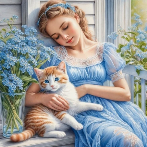 blue pillow,tenderness,cat lovers,romantic portrait,emile vernon,cat with blue eyes,idyll,fantasy picture,relaxed young girl,cute cat,cat image,little girl and mother,alice,red tabby,blue eyes cat,white cat,fairy tale character,ginger kitten,domestic cat,blue and white