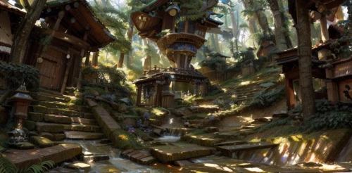 house in the forest,fairy village,mountain settlement,lost place,ancient city,druid grove,tree house,forest path,lostplace,elven forest,abandoned place,wooden path,fantasy landscape,treehouse,ancient house,tsukemono,tree house hotel,forest glade,greenforest,lost places