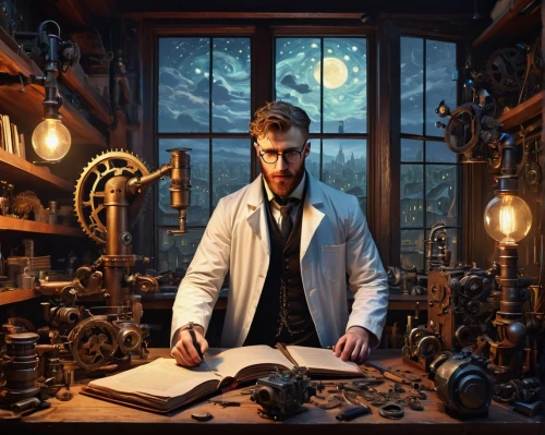 watchmaker,clockmaker,theoretician physician,apothecary,chemist,biologist,pathologist,scientist,physician,researcher,professor,sci fiction illustration,pharmacist,candlemaker,doctor,cartoon doctor,veterinarian,investigator,fish-surgeon,inventor,Art,Artistic Painting,Artistic Painting 03