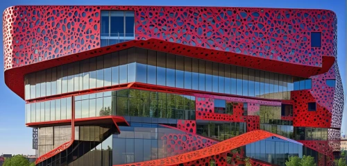 cubic house,red matrix,cube house,glass facade,chile house,building honeycomb,red milan,glass building,metal cladding,modern architecture,autostadt wolfsburg,modern building,kirrarchitecture,new building,contemporary,honeycomb structure,frame house,cube stilt houses,multi-storey,glass facades,Photography,General,Realistic