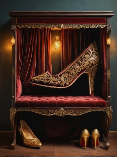 high heeled shoe,stiletto-heeled shoe,cinderella shoe,bridal shoe,women's shoe,court shoe,achille's heel,chaise longue,four poster,chaise,woman shoes,high heel shoes,shoe cabinet,flapper shoes,chaise lounge,dancing shoe,cinderella,the throne,gold lacquer,bridal shoes,Illustration,Paper based,Paper Based 19