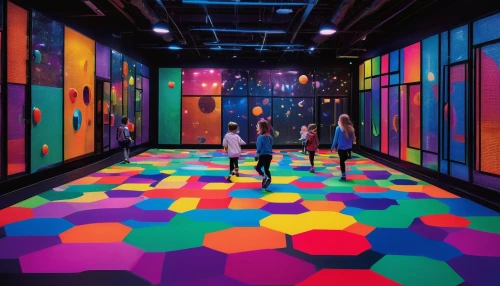 children's interior,color wall,artscience museum,play area,a museum exhibit,indoor games and sports,children's room,playing room,kaleidoscope art,floors,kids room,art gallery,game room,arcade,arcade games,arcades,gymnastics room,gallery,hallway space,colored lights,Illustration,Retro,Retro 15