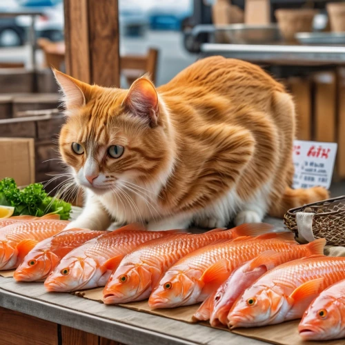 fresh fish,fishmonger,sea foods,fish products,red tabby,fish supply,fish market,ginger cat,sashimi,pet vitamins & supplements,seafood counter,raw fish,small animal food,nigiri,seafood,cat supply,sea food,fish meal,caterer,shrimps,Photography,General,Realistic