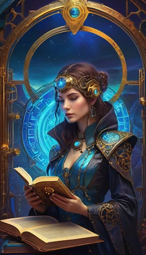 librarian,blue enchantress,zodiac sign libra,fantasy portrait,magic grimoire,sorceress,scholar,libra,priestess,fantasy art,mystical portrait of a girl,magic book,sci fiction illustration,sterntaler,divination,fantasy picture,prayer book,fortune teller,magistrate,mage,Illustration,Realistic Fantasy,Realistic Fantasy 30