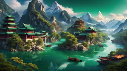 fantasy landscape,world digital painting,landscape background,chinese temple,chinese background,green landscape,mountainous landscape,yunnan,mountain landscape,ancient city,wuyi,chinese art,mountain settlement,mountain scene,guilin,oriental,green valley,japan landscape,guizhou,forbidden palace,Photography,General,Commercial