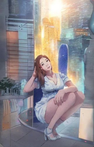 cg artwork,world digital painting,shinjuku,shibuya,tokyo city,tokyo,sky apartment,summer evening,relaxed young girl,umeda,taipei,idyllic,osaka,city ​​portrait,sci fiction illustration,tsumugi kotobuki k-on,io,in the evening,city trans,girl sitting,Common,Common,Japanese Manga