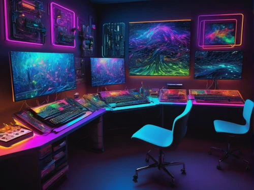 computer room,computer desk,black light,creative office,study room,desk,working space,computer workstation,workspace,glow in the dark paint,game room,ufo interior,work space,computer art,secretary desk,workstation,music workstation,office desk,sci fi surgery room,neon ghosts,Art,Artistic Painting,Artistic Painting 04