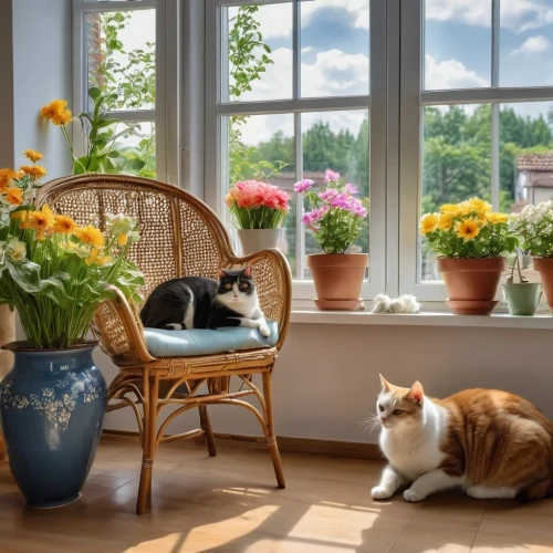 windowsill,balcony garden,window sill,cat family,cat silhouettes,flower arranging,house plants,petunias,sunflowers in vase,still life of spring,potted flowers,floral corner,the living room of a photographer,flower cat,splendor of flowers,arrangement,spring morning,cat lovers,vintage cats,flower basket,Photography,General,Realistic