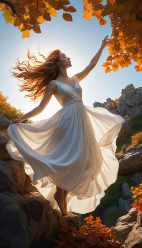 falling on leaves,gracefulness,autumn background,throwing leaves,celtic woman,light of autumn,fantasy picture,world digital painting,autumn idyll,leap for joy,ballerina in the woods,fairies aloft,little girl in wind,whirling,autumn sun,sun bride,autumn light,golden autumn,digital painting,digital compositing,Conceptual Art,Fantasy,Fantasy 11