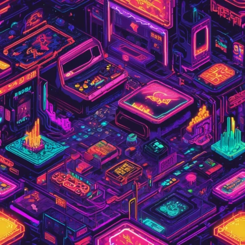 colorful city,pixel cells,circuitry,isometric,80's design,cyberpunk,electronics,neon ghosts,pinball,retro background,neon coffee,cyber,arcade,devices,neon candies,arcade games,circuit board,fantasy city,neon,retro items,Unique,Pixel,Pixel 04