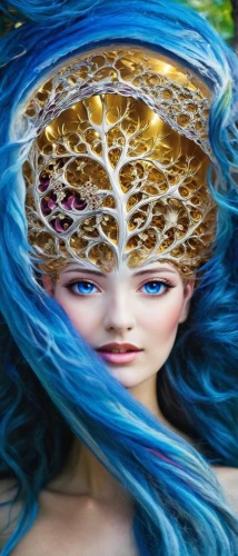 fairy peacock,headpiece,faery,faerie,blue enchantress,fae,gold foil mermaid,the carnival of venice,mermaid background,fantasy art,water nymph,dryad,amano,diadem,violet head elf,3d fantasy,headdress,fantasy portrait,fairy queen,the sea maid