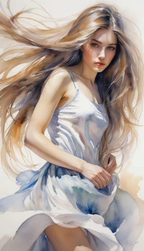 little girl in wind,fashion illustration,jessamine,girl in a long,world digital painting,girl on a white background,wind wave,white lady,white bird,girl in a long dress,mystical portrait of a girl,photo painting,digital painting,girl drawing,watercolor background,watercolor paint,gracefulness,watercolor painting,girl in cloth,white silk,Illustration,Paper based,Paper Based 11