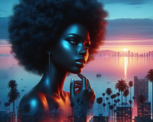 afro-american,afroamerican,world digital painting,afro american,afro american girls,nile,afro,digital painting,sci fiction illustration,digital art,sunset glow,fantasy portrait,african american woman,digital artwork,miami,black woman,digitalart,fantasy art,city ​​portrait,night glow