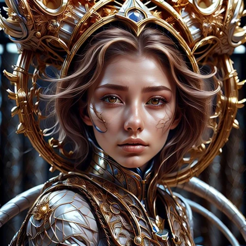 fantasy portrait,queen cage,golden crown,fantasy art,golden wreath,gold crown,mary-gold,mystical portrait of a girl,joan of arc,golden frame,paladin,female warrior,priestess,world digital painting,warrior woman,crowned,the enchantress,monarch,gold filigree,fantasy woman