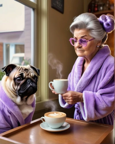 woman drinking coffee,hot drink,hot cocoa,pug,hot drinks,elderly lady,dog cafe,drinking coffee,coffee break,hot coffee,espresso,the french bulldog,teatime,french bulldogs,café au lait,tea time,a buy me a coffee,a cup of tea,grandma,coffee time