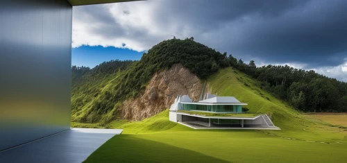 mirror house,futuristic art museum,house in mountains,house in the mountains,cubic house,cube house,futuristic architecture,eco hotel,grass roof,golf hotel,futuristic landscape,virtual landscape,cube stilt houses,glass rock,golf resort,slovenia,miniature house,roof landscape,panoramic golf,cooling house,Photography,General,Realistic