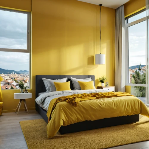 gold wall,yellow wall,yellow wallpaper,gold stucco frame,gold paint stroke,gold paint strokes,golden yellow,gold lacquer,modern room,yellow orange,modern decor,bedroom,yellow,bedroom window,guest room,yellow color,acridine yellow,yellow and black,contemporary decor,golden color,Photography,General,Realistic