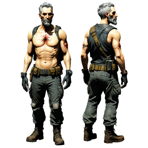 grey fox,male character,mercenary,merle black,game character,ocelot,cargo pants,game figure,cable,merle,deacon,gunsmith,combat medic,main character,shimada,a carpenter,mad max,jackal,man holding gun and light,action figure,Unique,Design,Character Design
