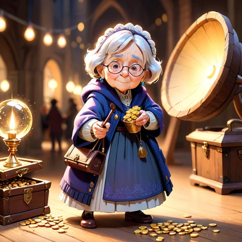 librarian,fairy tale character,fairy tale icons,clockmaker,lux,granny,grandma,geppetto,art bard,music box,wizard,treasure,scholar,fairytale characters,treasure hunt,wand gold,cute cartoon character,mage,disney character,agnes,Anime,Anime,Cartoon