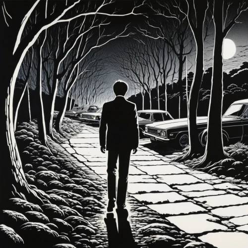 slender,sci fiction illustration,david bates,sleepwalker,walking man,night scene,lee child,hollow way,vanishing point,birch alley,film noir,james handley,a pedestrian,sleepwalking,robert harbeck,pedestrian,steve medlin,blind alley,the path,book illustration,Illustration,Realistic Fantasy,Realistic Fantasy 25