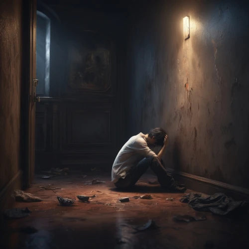 penumbra,man praying,sorrow,abandoned room,a dark room,despair,drug rehabilitation,self-abandonment,game illustration,prisoner,dark art,abandon,game art,boy praying,live escape game,grief,beaten down,depression,crying man,of mourning,Conceptual Art,Fantasy,Fantasy 01