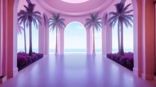 cabana,tropical house,oasis,aesthetic,resort,virtual landscape,palmtrees,vapor,palm forest,3d background,hallway,pink beach,purple wallpaper,dream beach,hallway space,palms,passage,3d render,horizon,paradiso