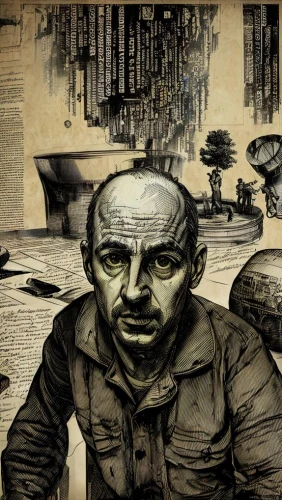 sci fiction illustration,war correspondent,david bates,warsaw uprising,stalingrad,red auerbach,lost in war,cuborubik,carlin pinscher,man with a computer,nurungji,lenin,cybernetics,sculptor ed elliott,background image,charcoal drawing,walt,ink painting,ho chi minh,game illustration,Art sketch,Art sketch,Newspaper